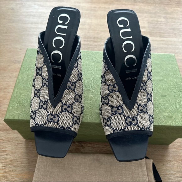 GUCCI Canvas Crystal GG Monogram Square G 95mm Slide Sandals 39.5 Beige Blue - Picture 6 of 8